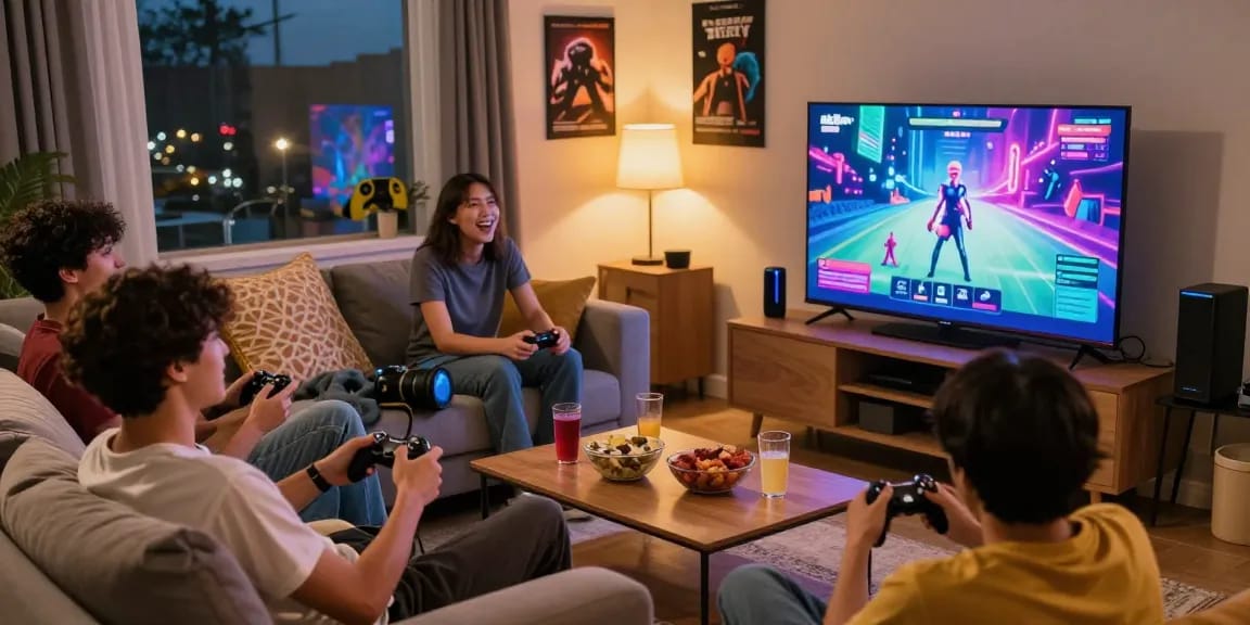 Engaging group playing a porn game online in a cozy living room