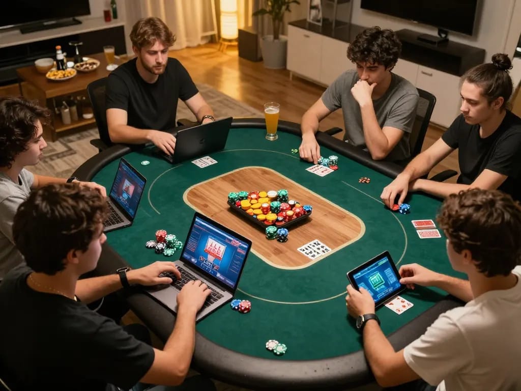 Players engaged in online poker at home, making strategic moves while using lc88 đăng nhập for seamless access.