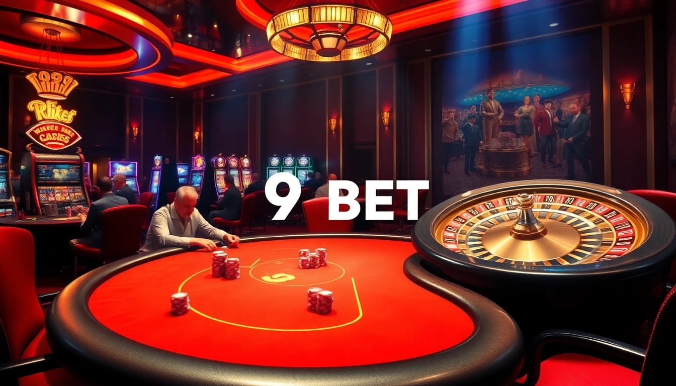 Experience the excitement of 9 BET at a luxurious poker table in a vibrant casino environment.