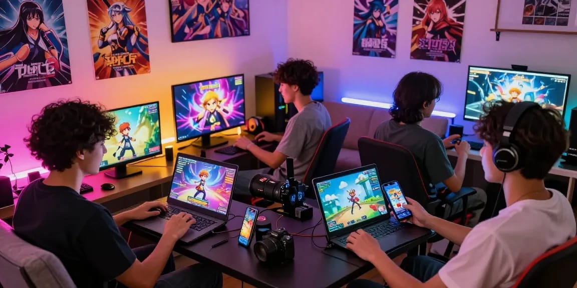 Engaging scene of players enjoying hentaigames on various devices, showcasing excitement and creativity.