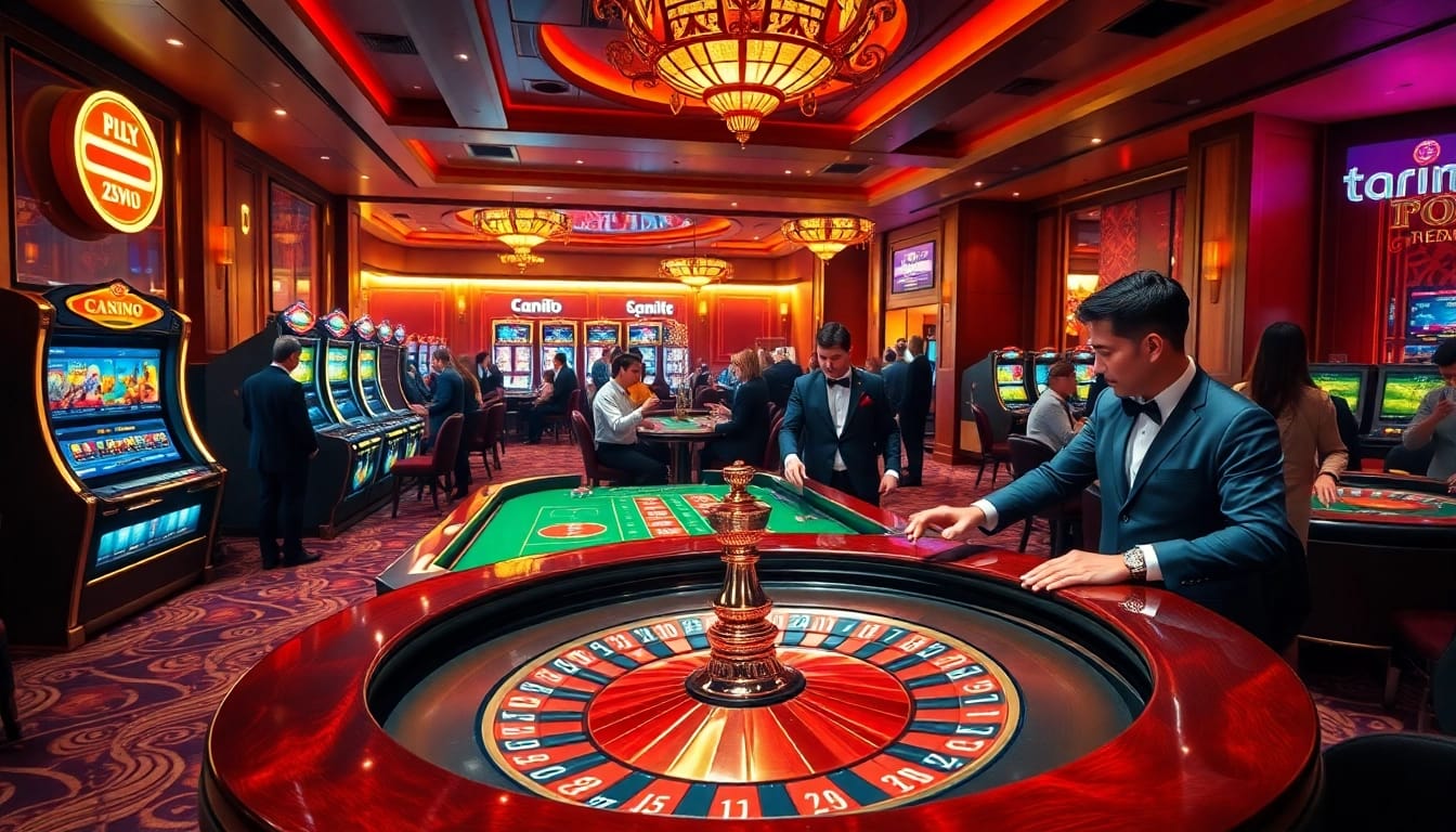 Exciting gambling scene at https://tg88u.com/ featuring roulette, slot machines, and engaged players.