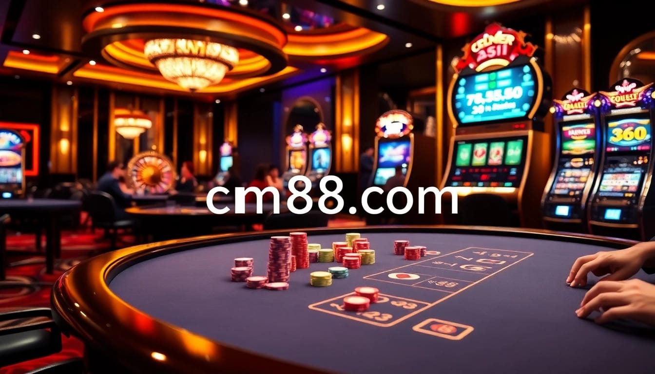 Experience the thrill of winning at cm88 com with vibrant casino scenes showcasing poker and slot machines.