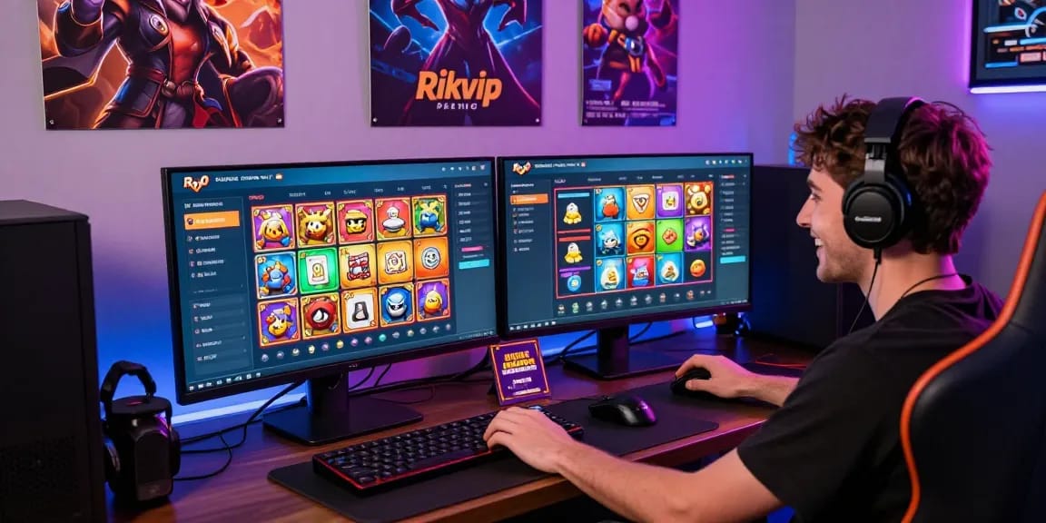 Player enjoying the Rikvip gaming platform in a vibrant gaming studio.