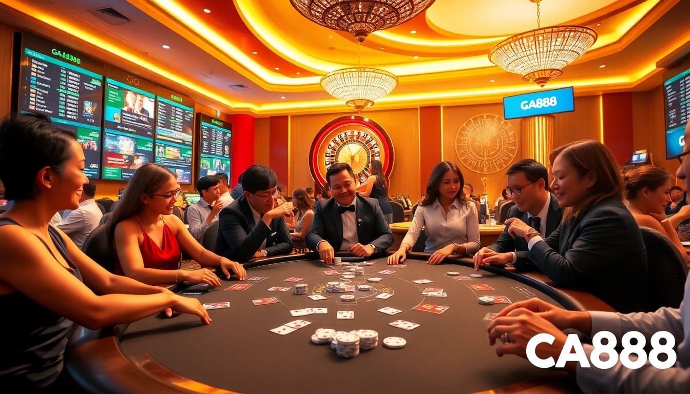 Exciting online gambling scene at GA888 casino with poker and roulette tables.