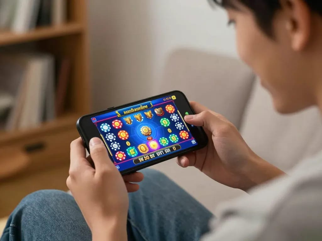 Engaging scene of a player focused on their smartphone while playing xocdiaonline, showcasing mobile betting excitement.