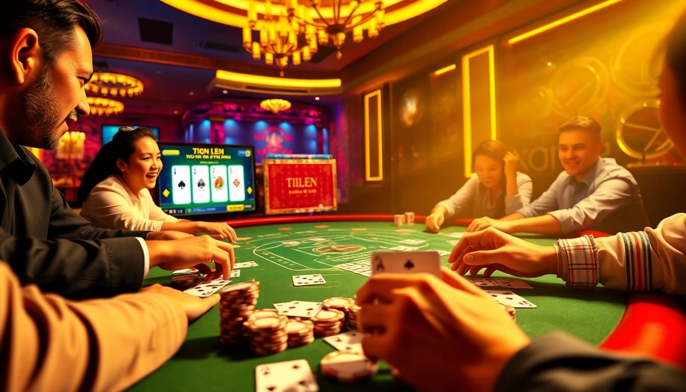 Players strategizing in a game of Tiến Lên Miền Nam at a luxury casino table with cards and chips.