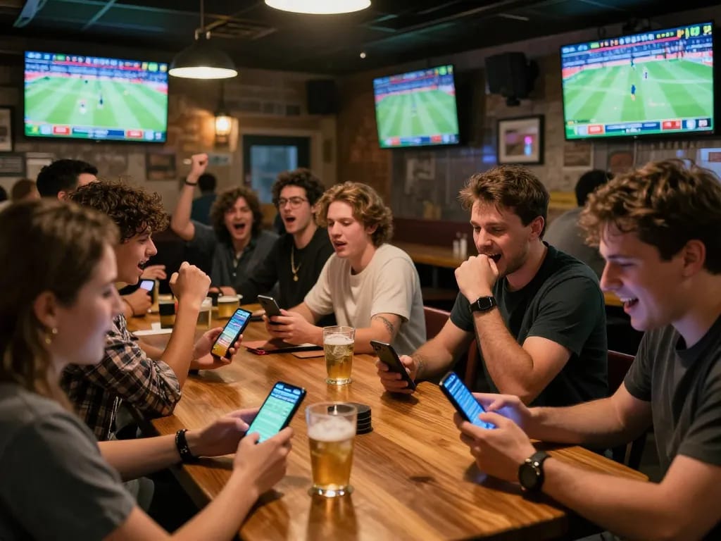 Patrons engaging in lively sports betting on their mobile devices at a vibrant sports bar during live matches, showcasing 12bet's dynamic gambling atmosphere.