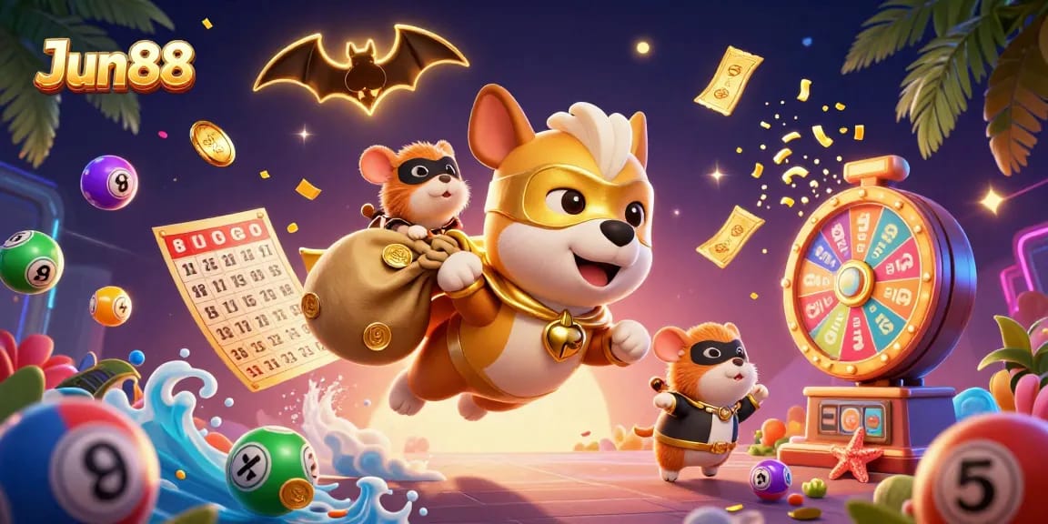 Experience the excitement of betting with Jun88's vibrant casino illustration featuring dynamic games and playful characters.