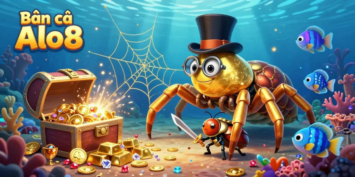 Bắn cá Alo8 featuring a golden spider weaving a web in an underwater adventure with treasures.