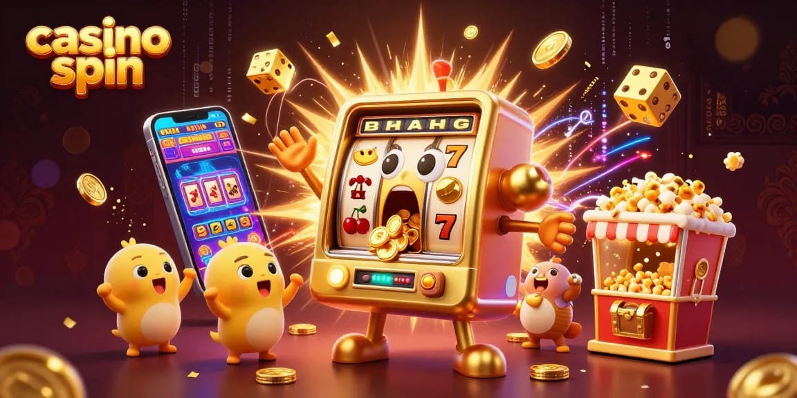 Experience the excitement of casino spin with a vibrant 3D golden slot machine winning big, surrounded by festive elements.