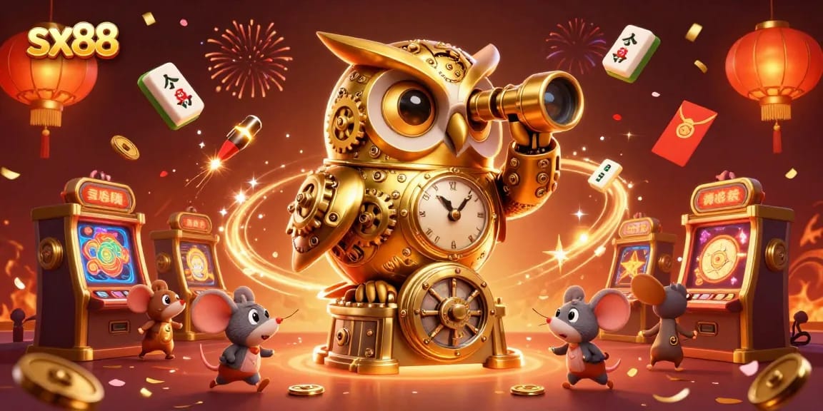 Engage with the vibrant charm of sx88 as a golden owl watches over a bustling casino floor.