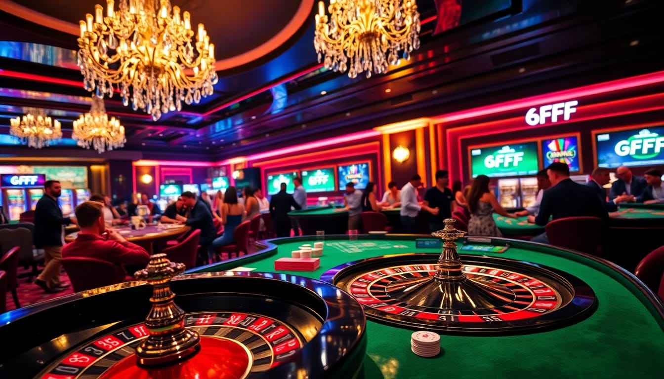 Experience the thrill of gambling at 6FF casino tables with vibrant roulette wheels and lively players.