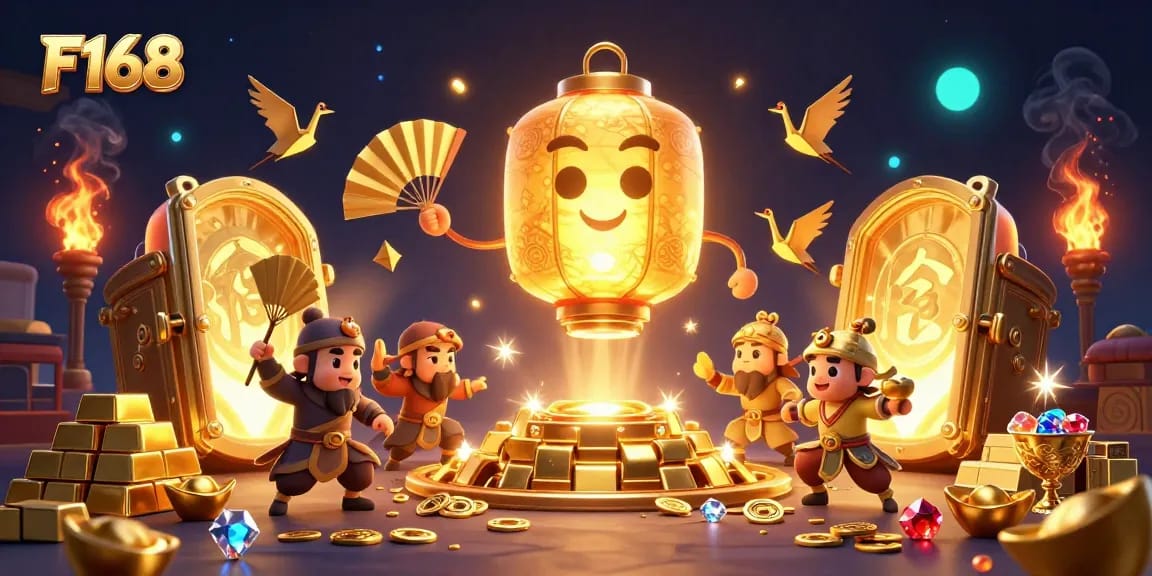 F168's dynamic casino scene showcases exciting games with golden treasures and vibrant characters.