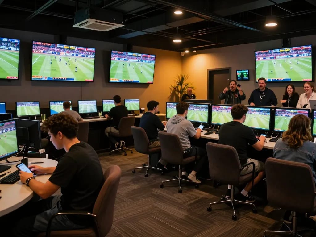 Spectators placing bets and analyzing odds in a lively sports betting setting at Soi Kèo bóng đá.
