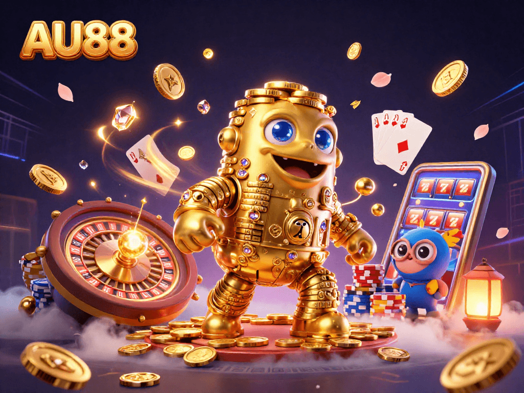Experience the thrill of AU88 with the golden golem and dynamic casino elements.