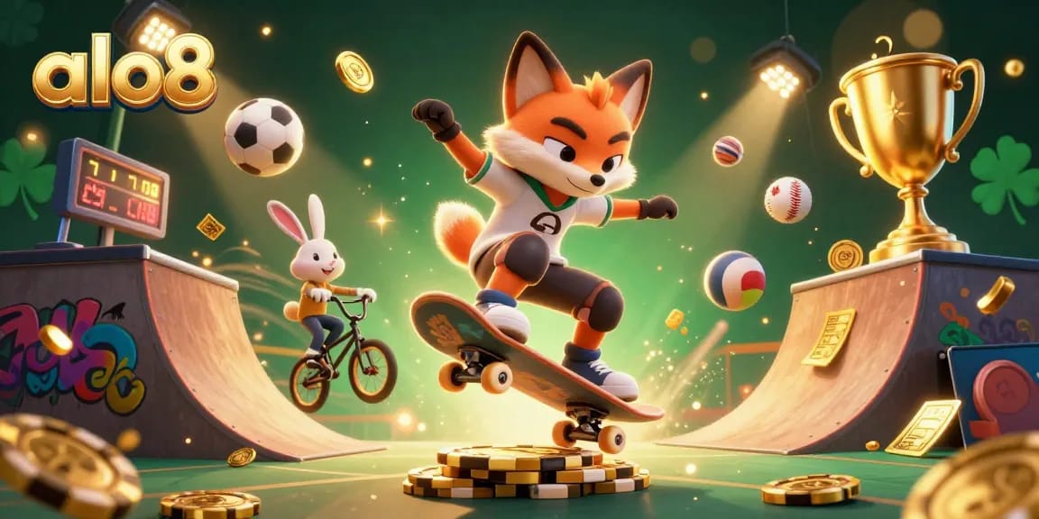 alo8 showcases a thrilling 3D illustration of a fox doing tricks above golden poker chips, surrounded by sports elements.