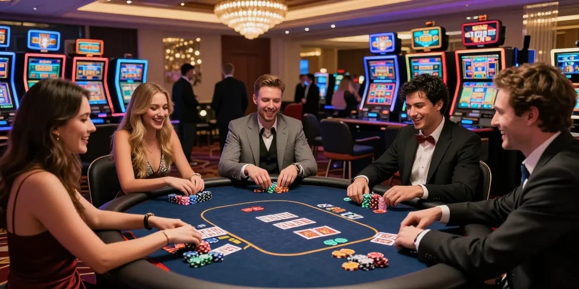 Group enjoying a high-stakes poker game at a luxury casino featuring iwin branding and vibrant atmosphere.