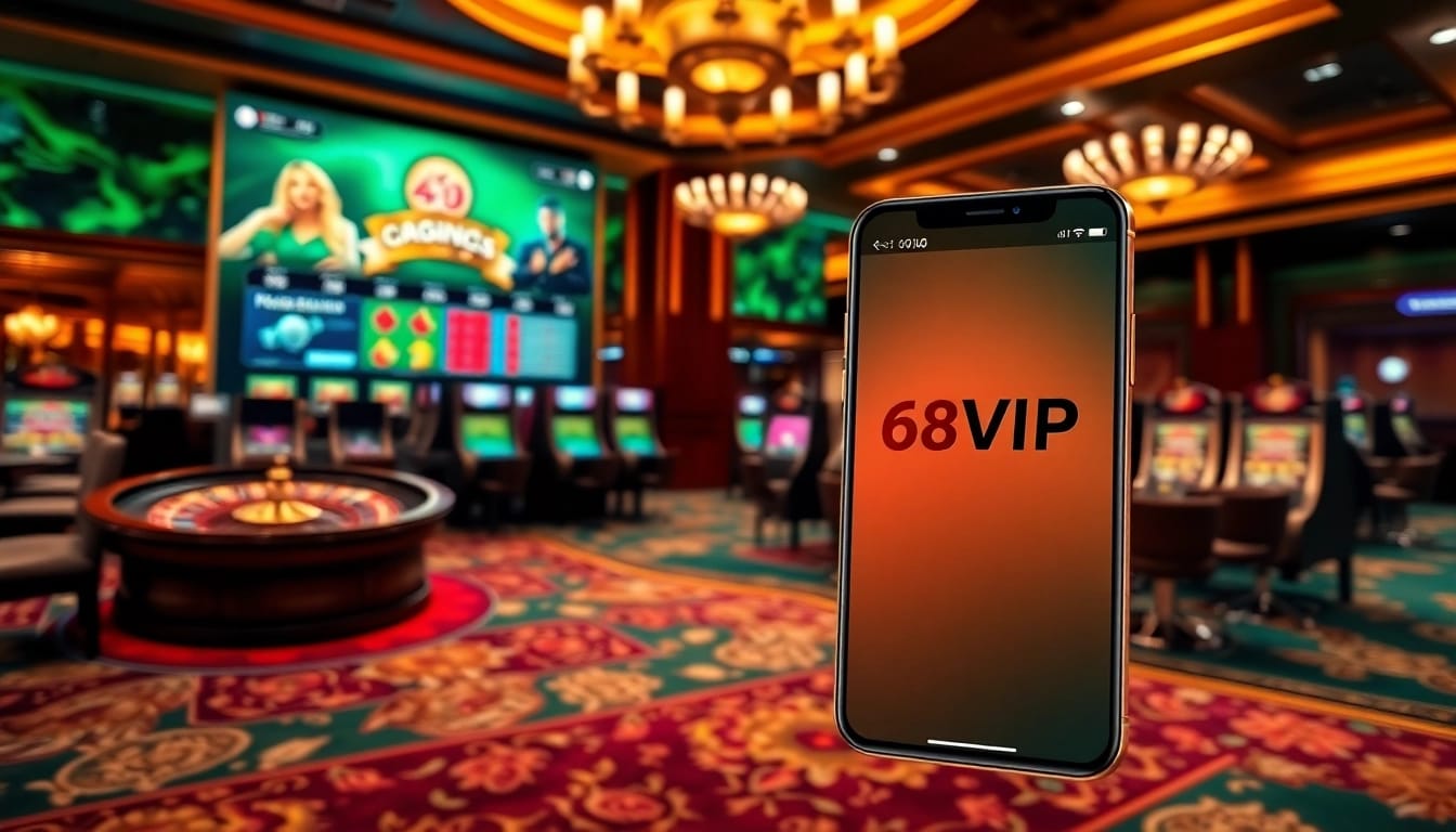 Experience seamless gaming with Tải App Nhà Cái 68VIP on a luxurious casino interface.