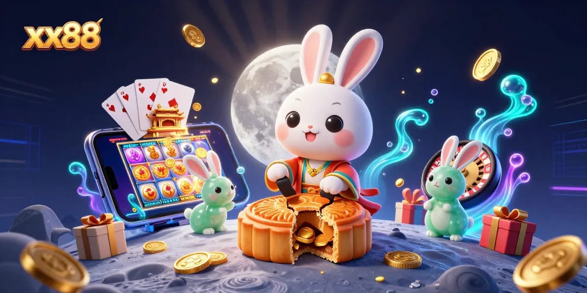 Engage with xx88's vibrant casino world featuring a moon rabbit in a colorful gambling adventure.