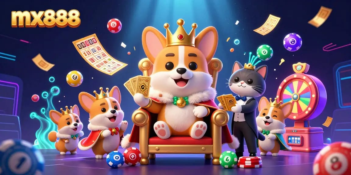 Experience the excitement of mx888 with a royal corgi and lively gaming elements in an engaging illustration.