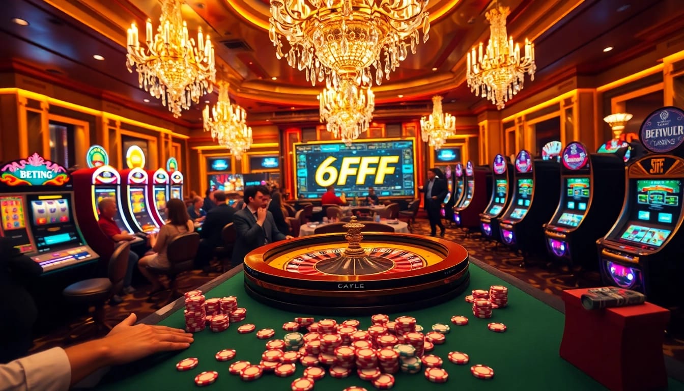 Exciting gambling moment at 6FF casino with colorful slot machines and a roulette table.