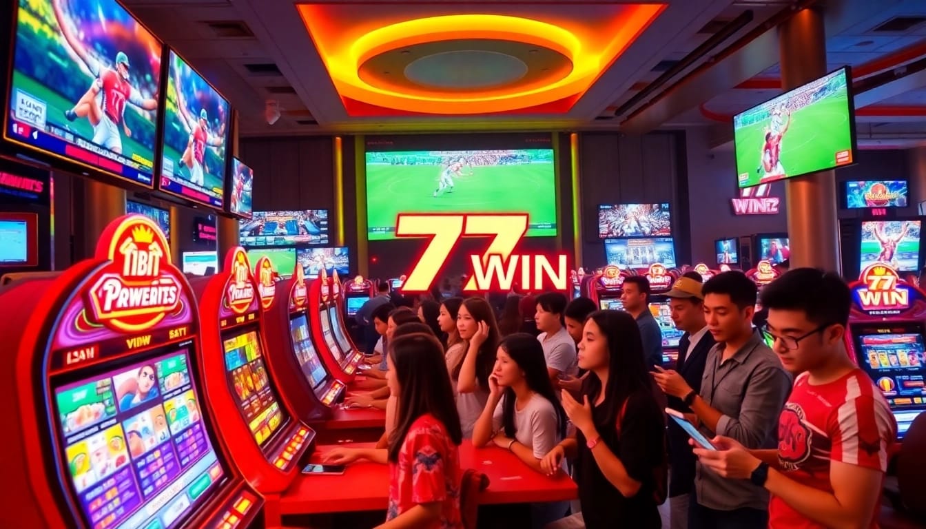 Exciting gaming scene with 77 WIN logo, colorful slot machines, and enthusiastic players engaging online.