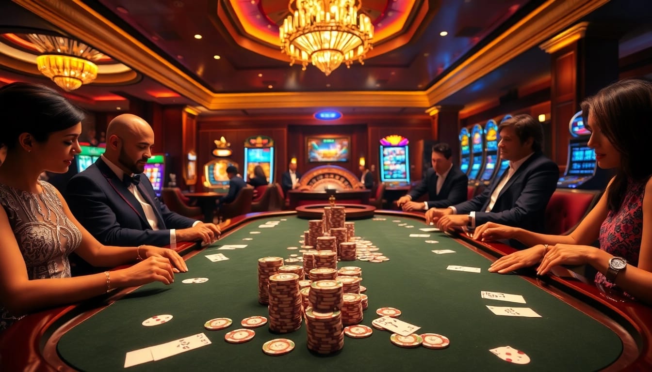 Engaging poker gameplay at 6FF casino, featuring chips, cards, and vibrant slot machines.