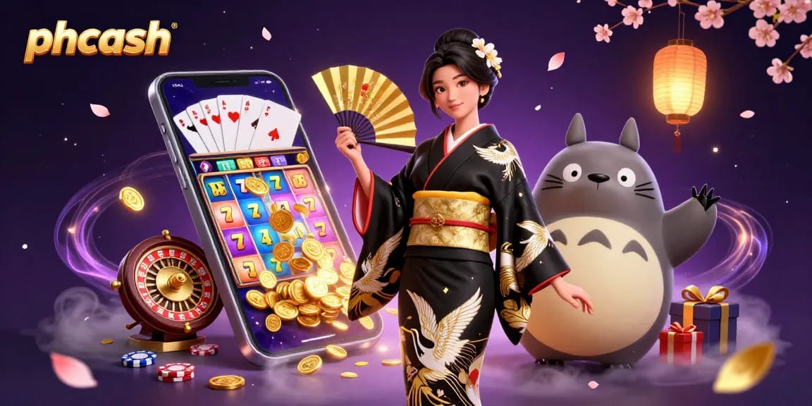 Experience the thrill of gaming at phcash, with elegant characters amidst vibrant slot machines and rich casino elements.