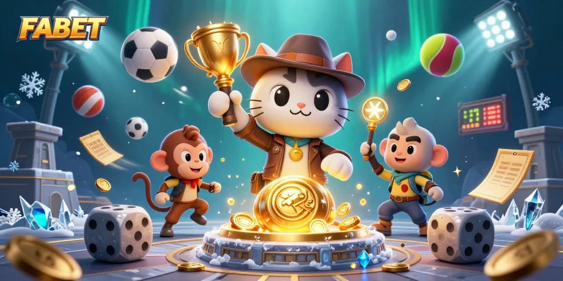 Engage with thrilling sports betting at FABET with dynamic 3D action from a cat explorer and friends.