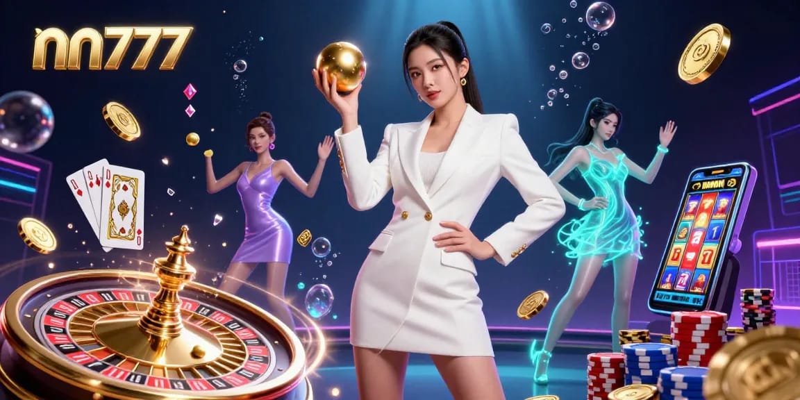 Experience the excitement of nn777 with a stunning visual of a casino scene showcasing golden roulette, vibrant poker, and rewards.