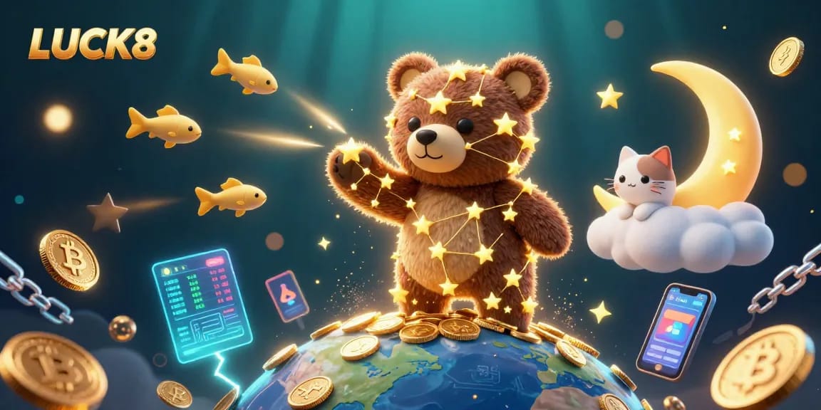 Engage with LUCK8, a magical casino world illuminated by golden stars and vibrant cryptocurrency elements.