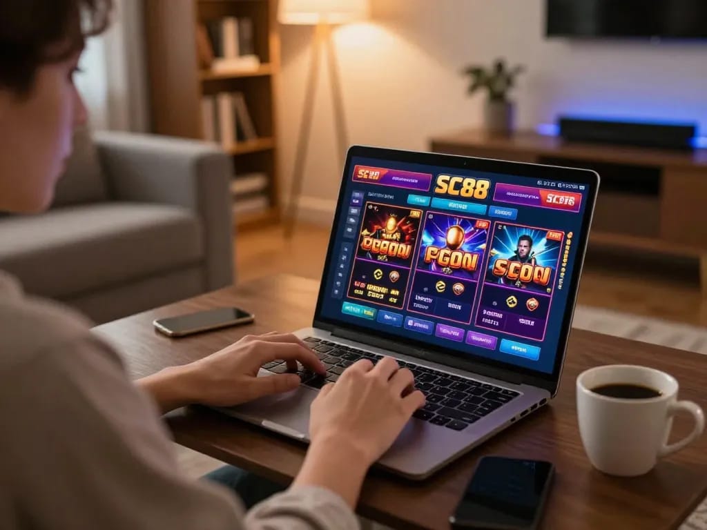 Player enjoying SC88 online gaming on laptop in a cozy home setting