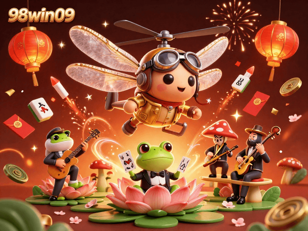 Experience thrilling action at the 98win09 casino with vibrant characters, colorful game elements, and jazz music.