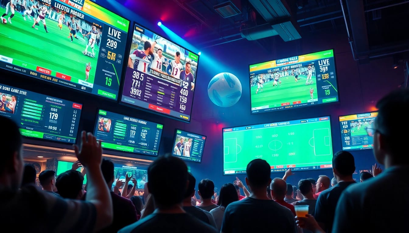 LiveScore | Tỷ số bóng đá trực tiếp displayed on vibrant screens at a sports bar filled with fans.