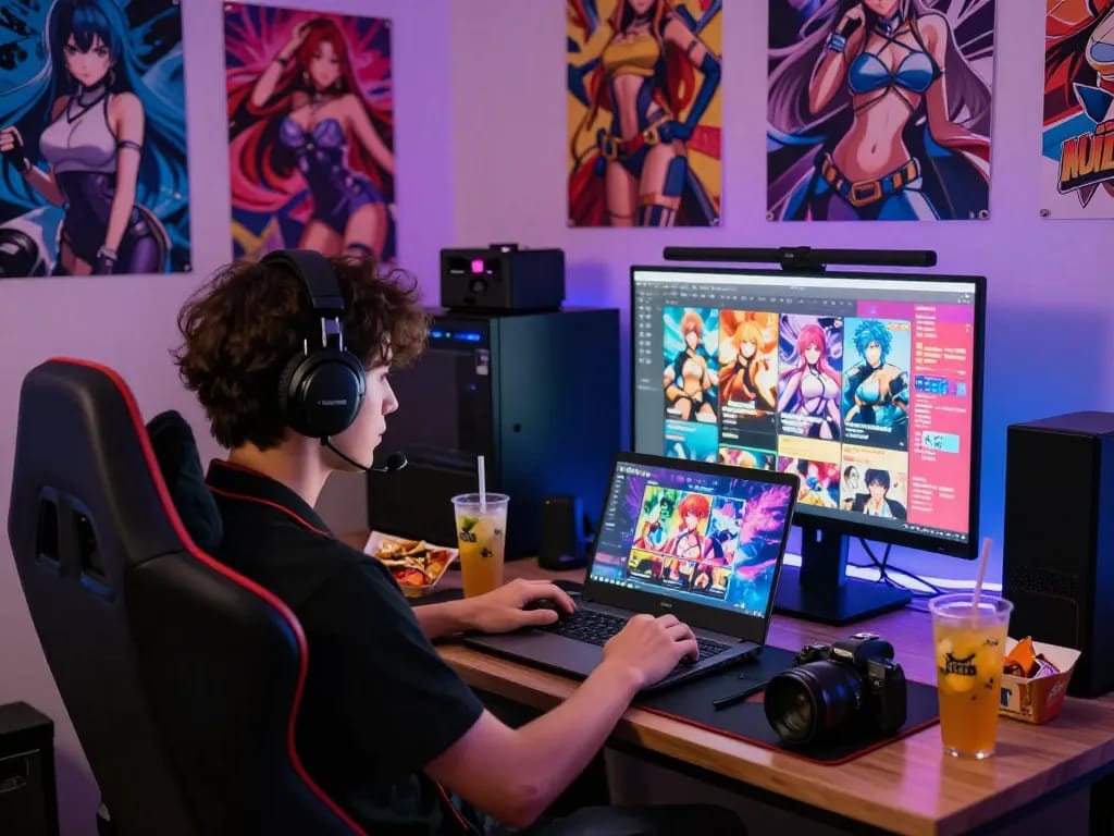 Play engaging hentai games in a vibrant home gaming setup with snacks and colorful posters.