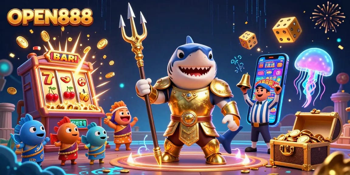 Experience the excitement of OPEN888 with a vibrant underwater casino scene featuring dynamic gaming elements.