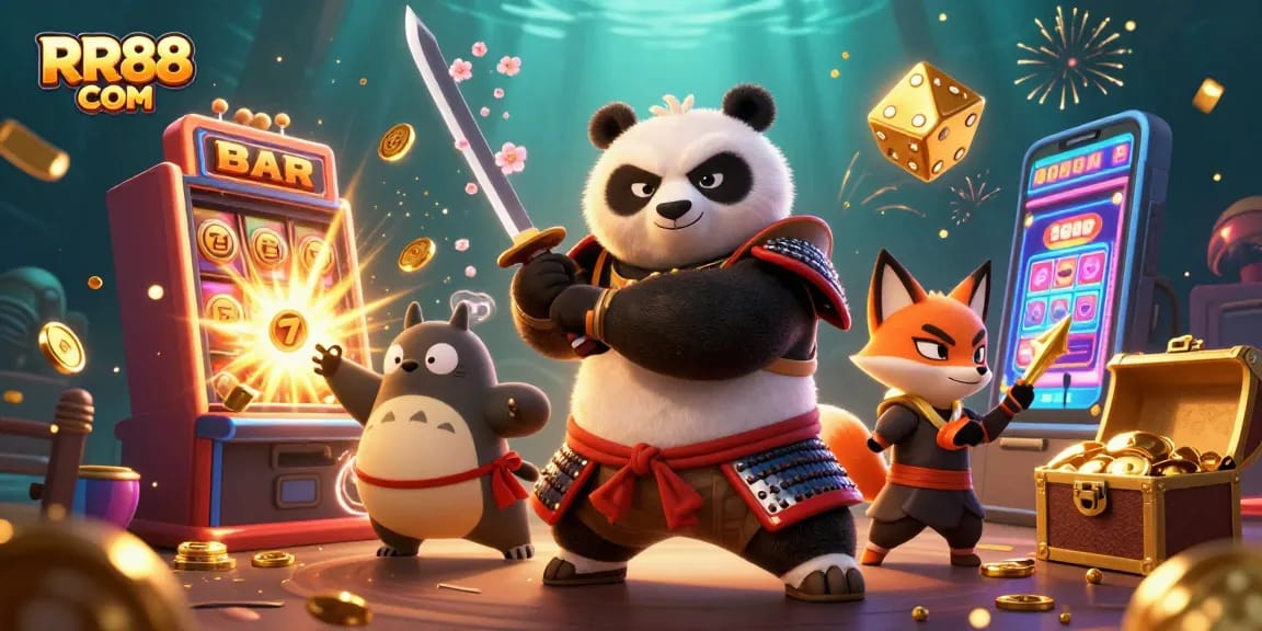 Experience the excitement of RR88 COM with a fierce samurai panda and friends amidst a vibrant casino atmosphere.
