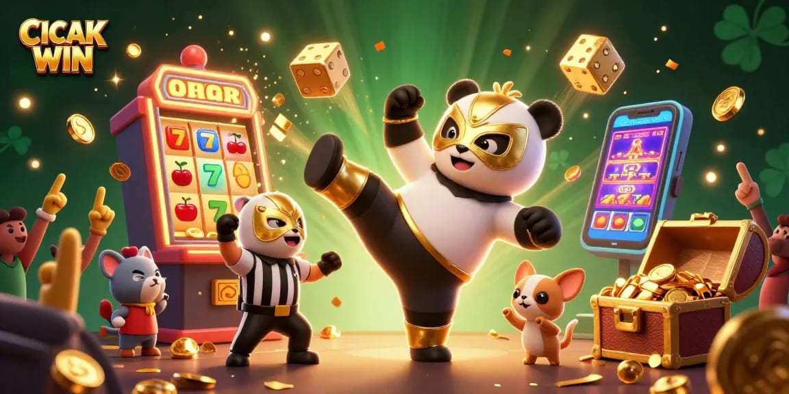 CICAK WIN celebrates with a vibrant scene of fun and excitement featuring animated characters in a dynamic casino environment.
