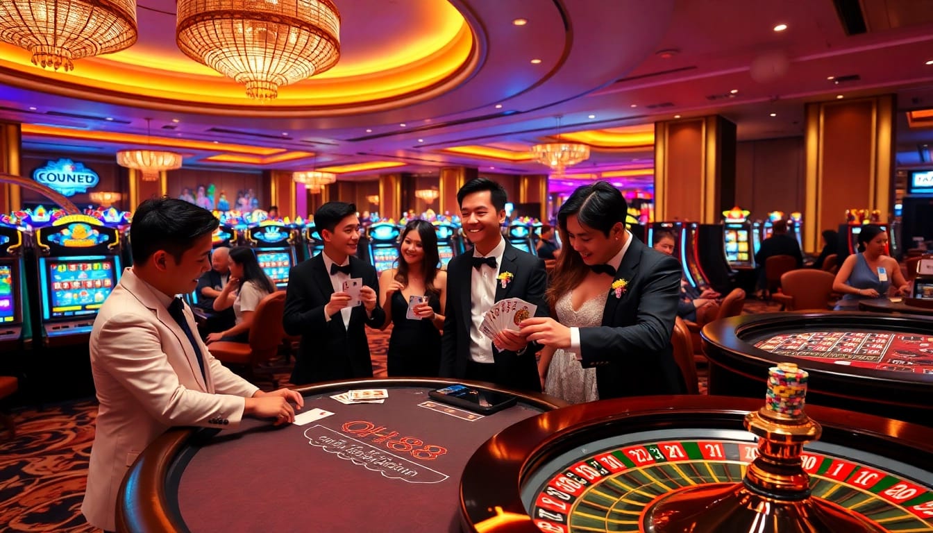 Experience excitement at qh88 casino with vibrant tables and players celebrating wins.