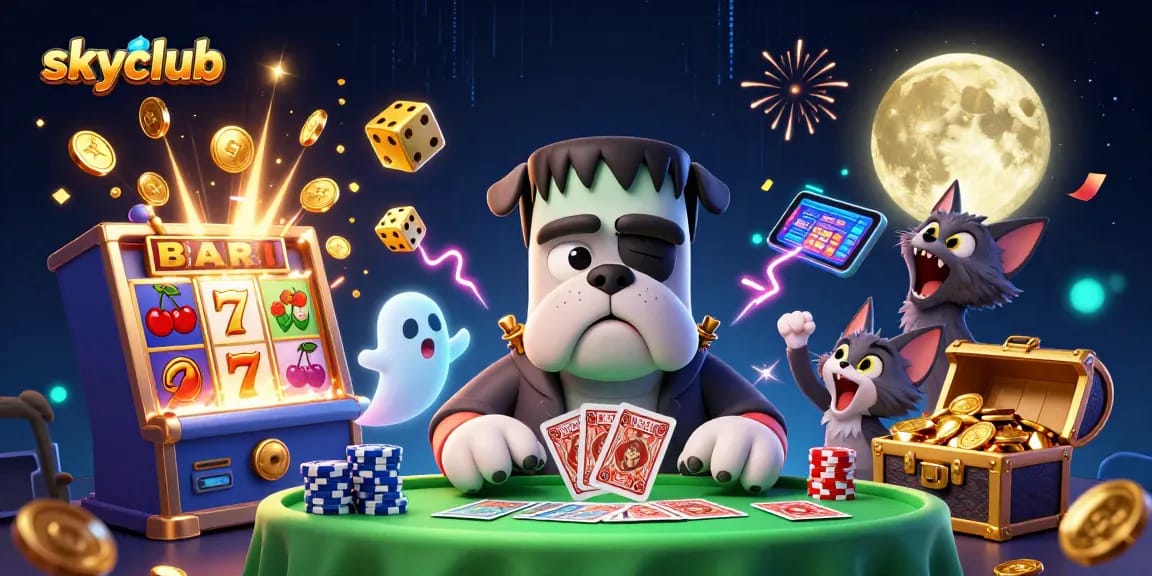 Experience the thrill at SkyClub with a vibrant cartoon scene featuring unique characters and dynamic casino elements.