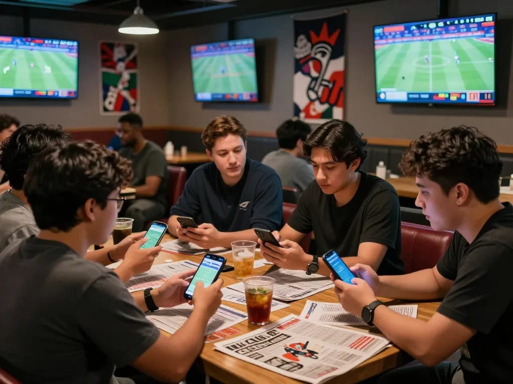 Friends reviewing kèo nhà cái hôm nay in a lively sports betting lounge with screens showing live football matches.