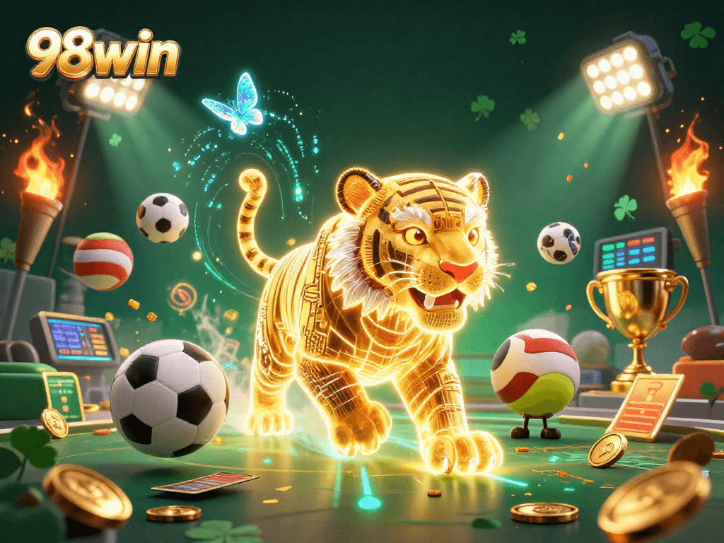 Engage in thrilling bets at 98win with vibrant casino-themed digital illustration featuring sports elements.
