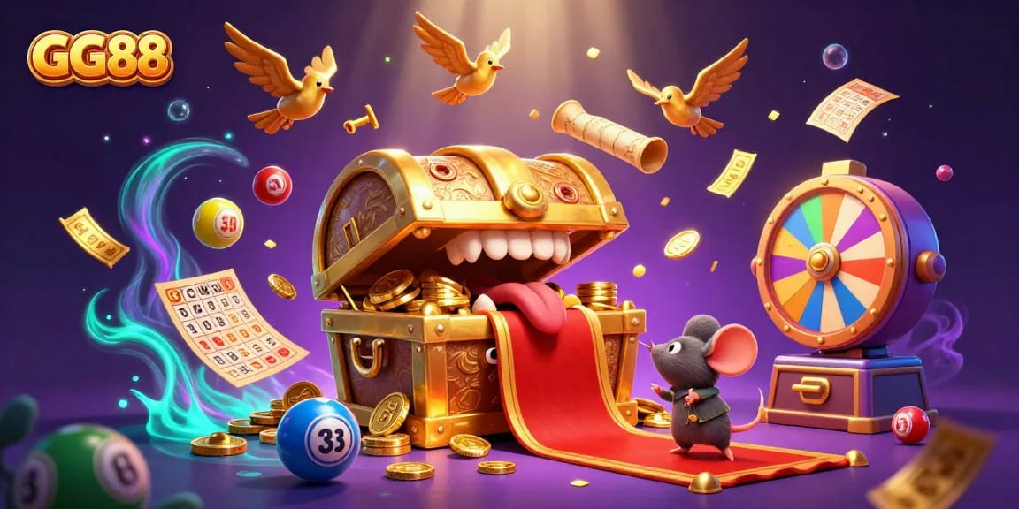 Engage with GG88's thrilling gaming experience featuring vibrant lottery elements and a golden treasure chest.