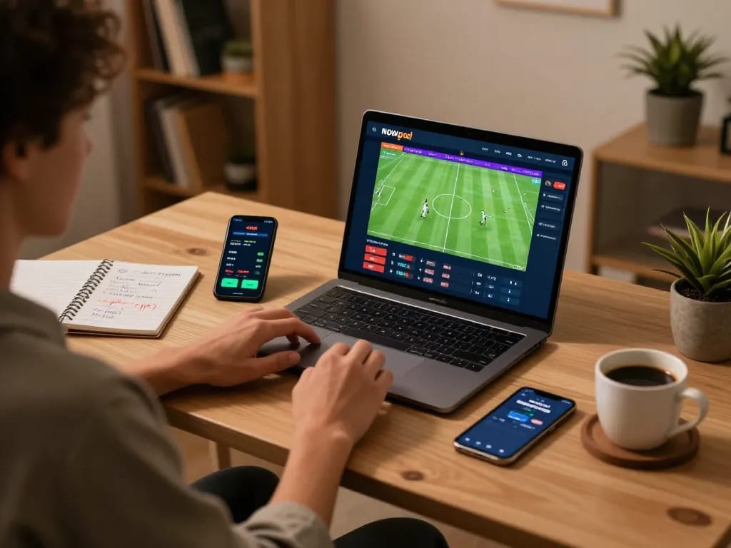 Person using Nowgoal for real-time sports betting on a laptop, showcasing a cozy home setup.