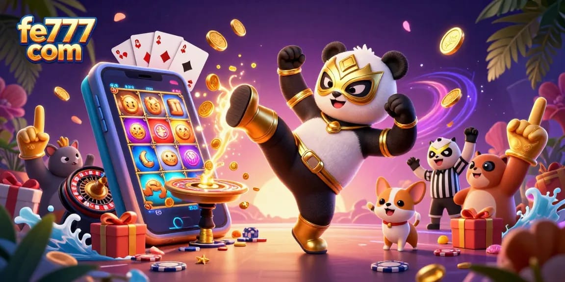 Menangkan besar dengan fe777 com dalam ilustrasi 3D yang cerah dari pegulat panda dan elemen kasino yang mendebarkan.