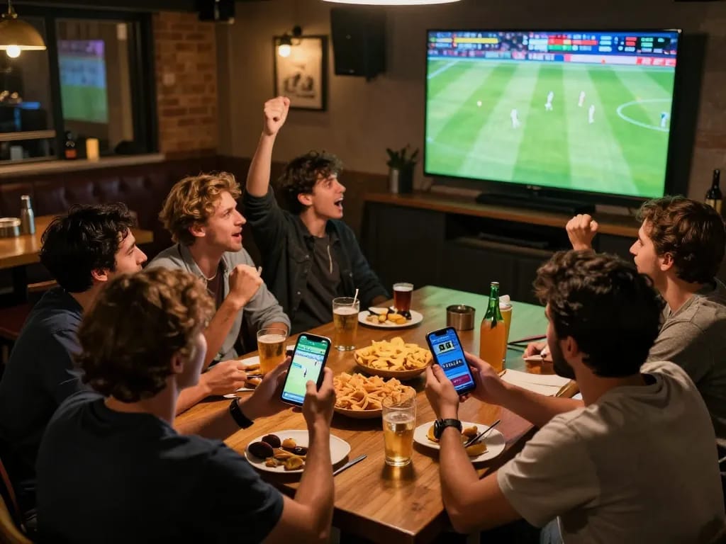 Friends celebrating a live soccer match while using Socolive link on their phones.
