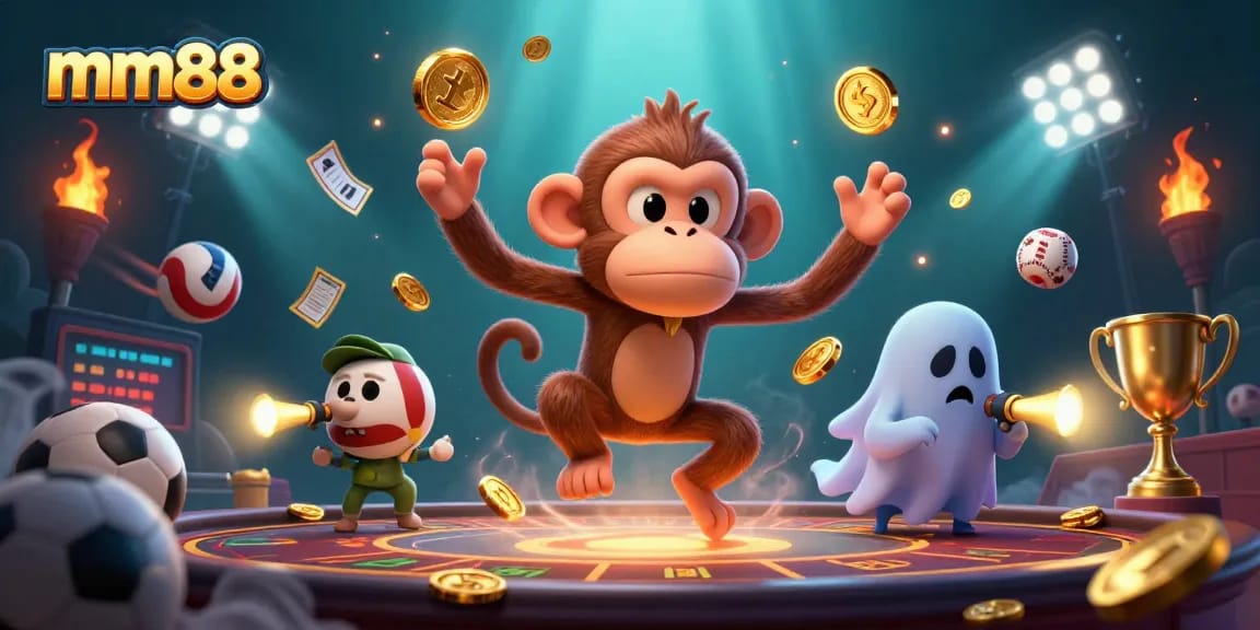 Engage with mm88 in a vibrant haunted casino scene featuring a mischievous monkey and a curious puppy.