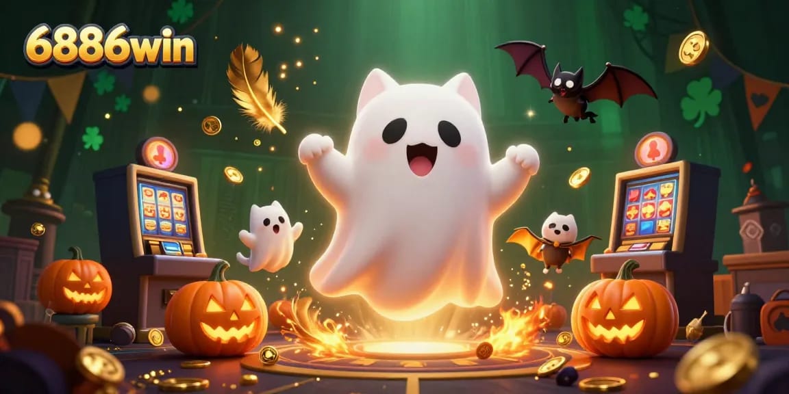 Engage in fun gaming adventures with 6886win, featuring a friendly ghost cat and a vampire bat in a haunted casino.