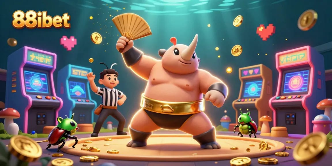 Experience the excitement of 88ibet with a dynamic scene featuring a beetle sumo champion and vibrant casino elements.