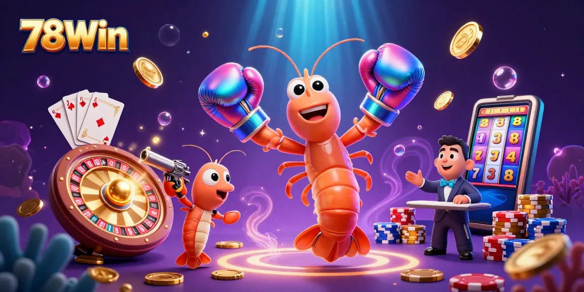 Experience 78Win's thrilling gaming journey with vibrant shrimp characters and casino elements.